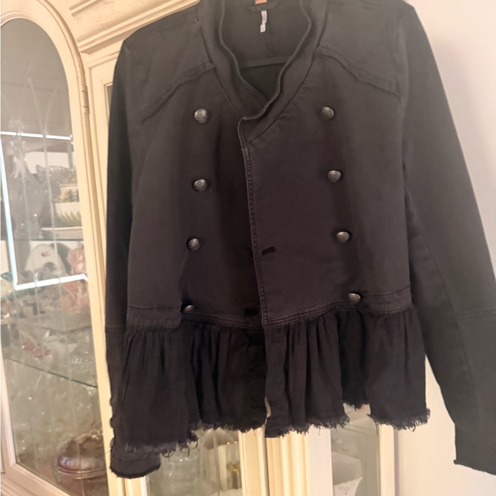 Free People ruffled peplum denim jacket size Large medium black - Picture 9 of 12